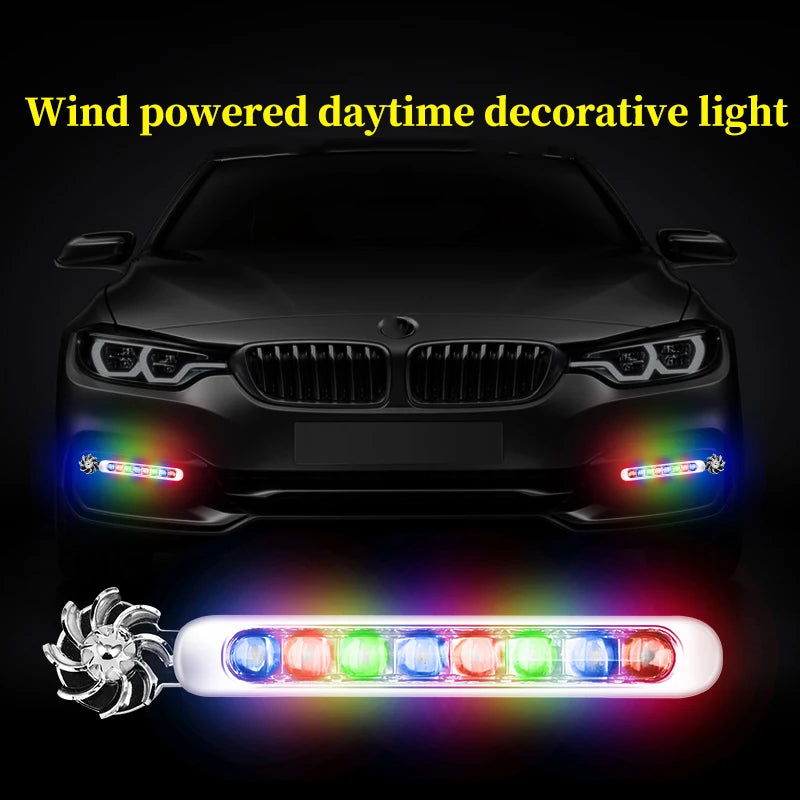 2Pcs Wind Powered Car LED Daytime Running Light Auxiliary Lighting Rotation Fan Lamp Automobile Day Time Headlight Decorative