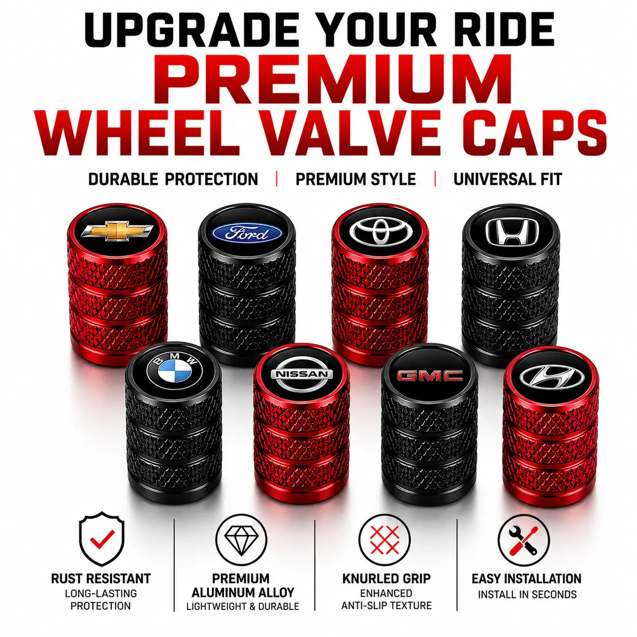 US Flag Knurled Aluminum Tire Valve Stem Caps, Anti-Rust Dustproof Leakproof Air Valve Covers, Corrosion Resistant Alloy Stem Caps for Car Truck SUV ATV Motorcycle Bike Heavy Duty Auto Mod Tire Air Protector Wheel Parts Universal Vehicle Accessories