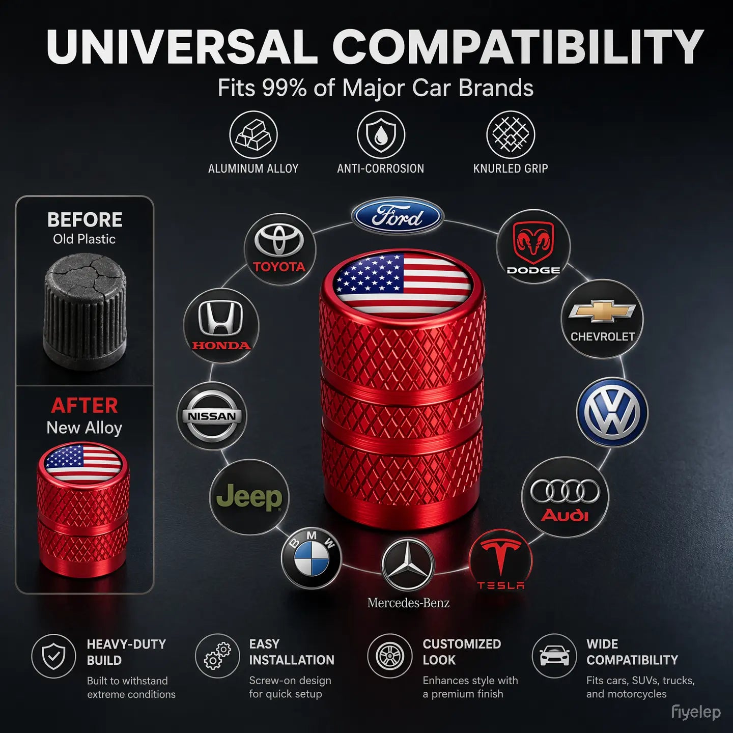 US Flag Knurled Aluminum Tire Valve Stem Caps, Anti-Rust Dustproof Leakproof Air Valve Covers, Corrosion Resistant Alloy Stem Caps for Car Truck SUV ATV Motorcycle Bike Heavy Duty Auto Mod Tire Air Protector Wheel Parts Universal Vehicle Accessories