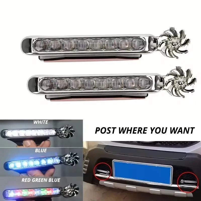 2Pcs Wind Powered Car LED Daytime Running Light Auxiliary Lighting Rotation Fan Lamp Automobile Day Time Headlight Decorative