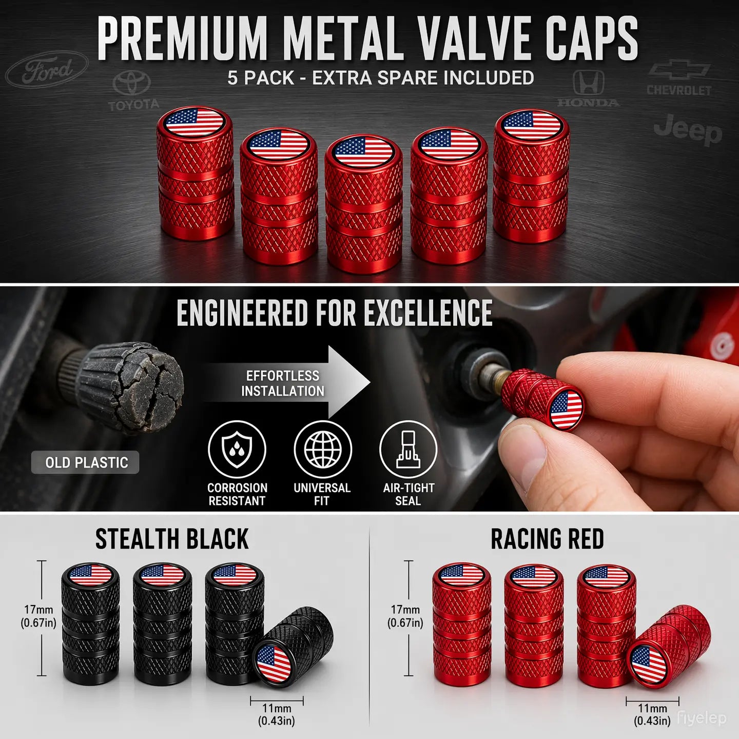 US Flag Knurled Aluminum Tire Valve Stem Caps, Anti-Rust Dustproof Leakproof Air Valve Covers, Corrosion Resistant Alloy Stem Caps for Car Truck SUV ATV Motorcycle Bike Heavy Duty Auto Mod Tire Air Protector Wheel Parts Universal Vehicle Accessories