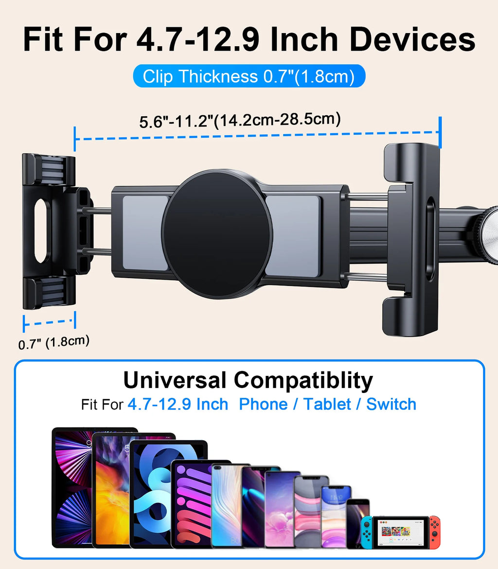 Tablet Holder Mount for Car Headrest Back Seat 360 Rotate Phone Stand Long Arm Adjustable with 2 Hook Fit for 4.7-12 Device