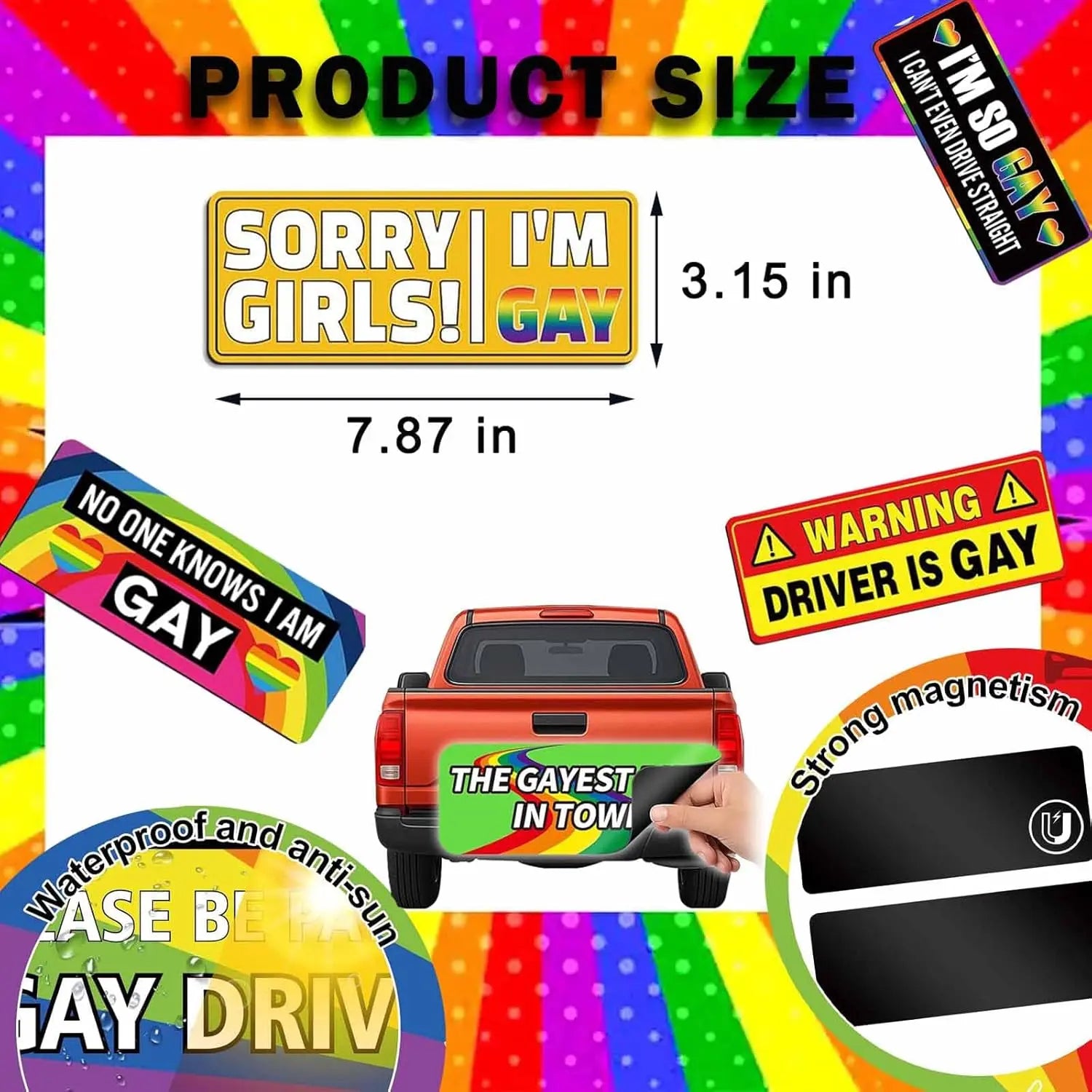 Pride Rainbow Magnet Bumper Stickers – Reusable Funny Car Magnets 7.8 X 3.1 Inches, Vehicle Accessories for Cars, Trucks & Fridge Decor