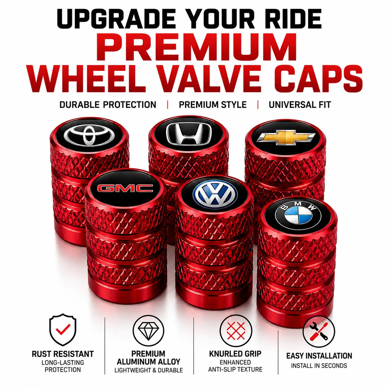 US Flag Knurled Aluminum Tire Valve Stem Caps, Anti-Rust Dustproof Leakproof Air Valve Covers, Corrosion Resistant Alloy Stem Caps for Car Truck SUV ATV Motorcycle Bike Heavy Duty Auto Mod Tire Air Protector Wheel Parts Universal Vehicle Accessories